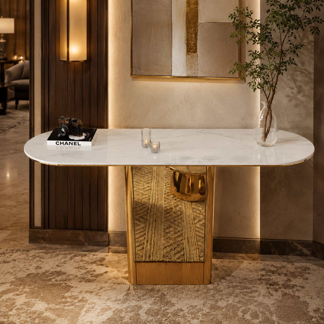Elegant Tapered Pillar Gold Metal Statement Table