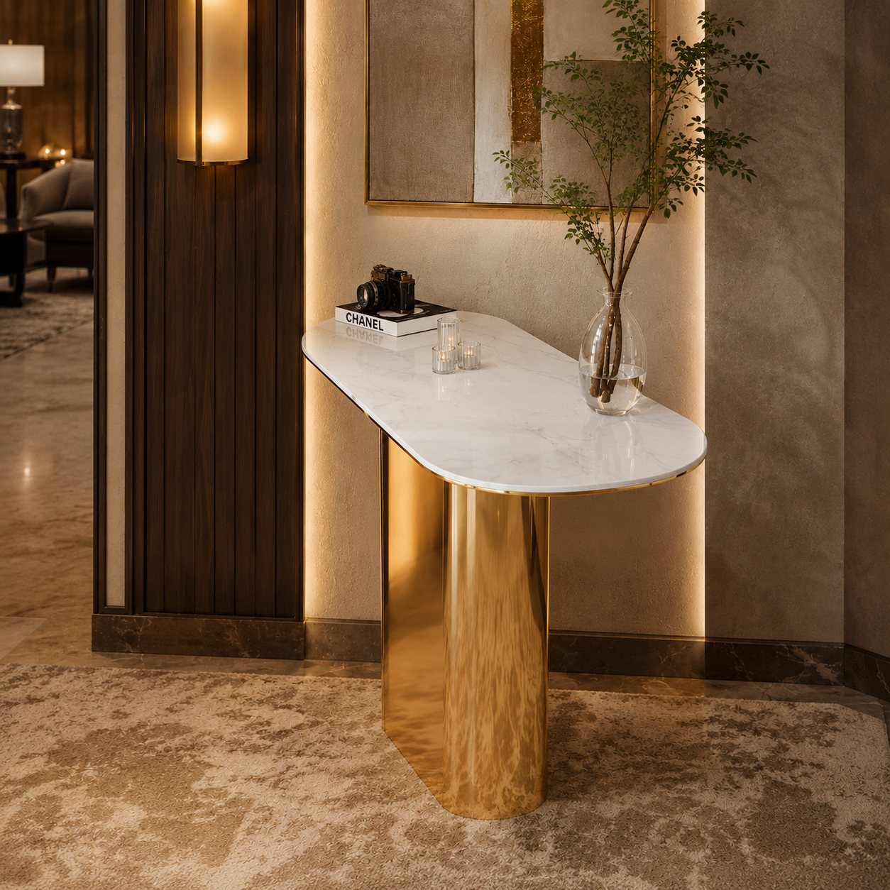Elegant Tapered Pillar Gold Metal Statement Table