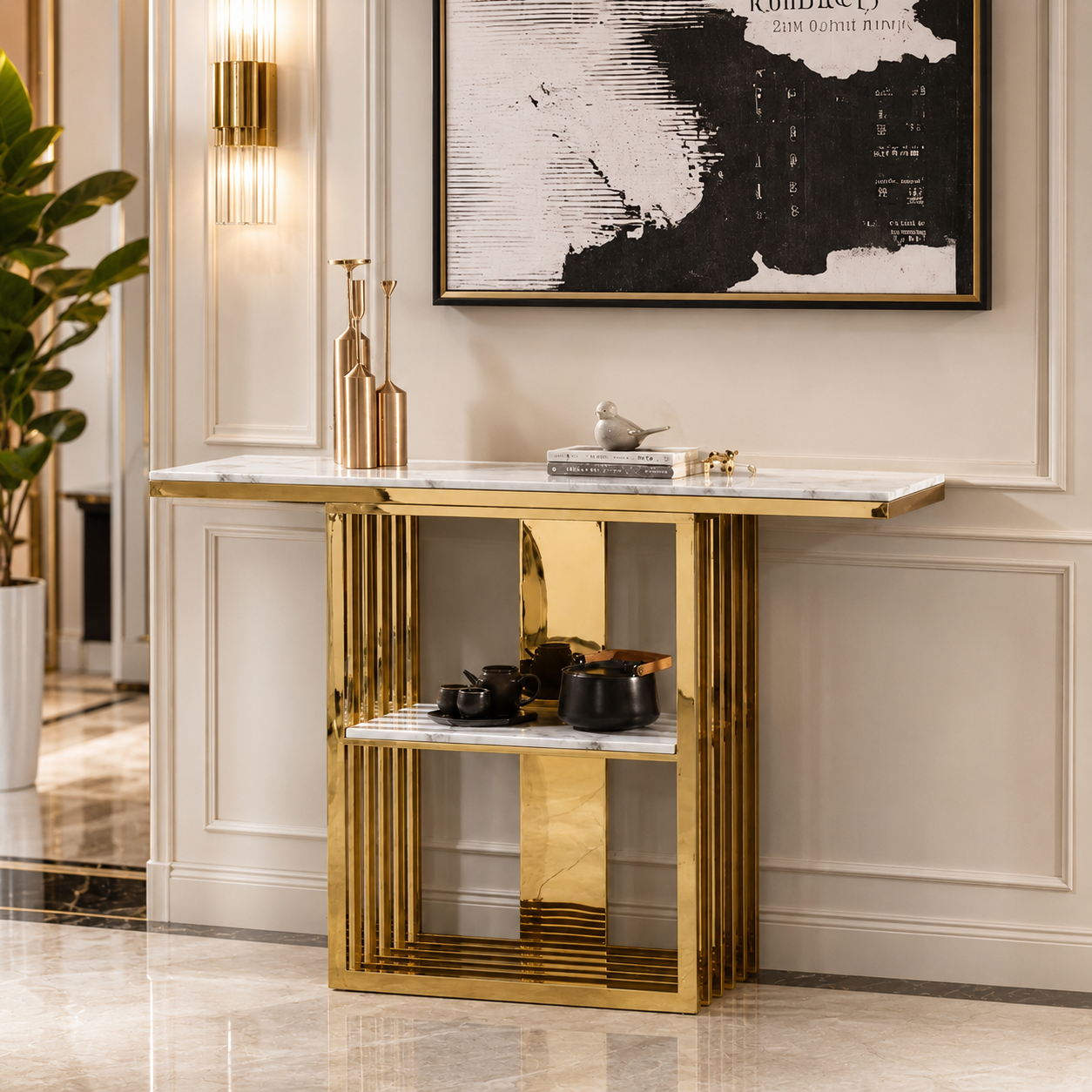Elegant Vertical Bar Gold Metal Luxury Display Shelf Table