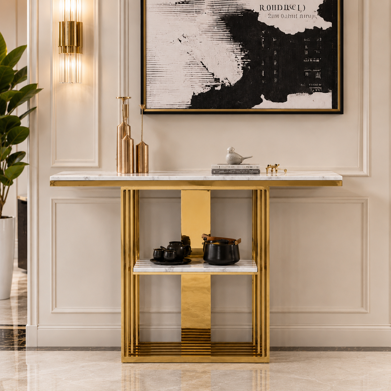 Elegant Vertical Bar Gold Metal Luxury Display Shelf Table