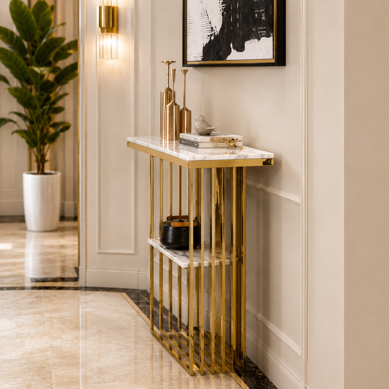 Elegant Vertical Bar Gold Metal Luxury Display Shelf Table