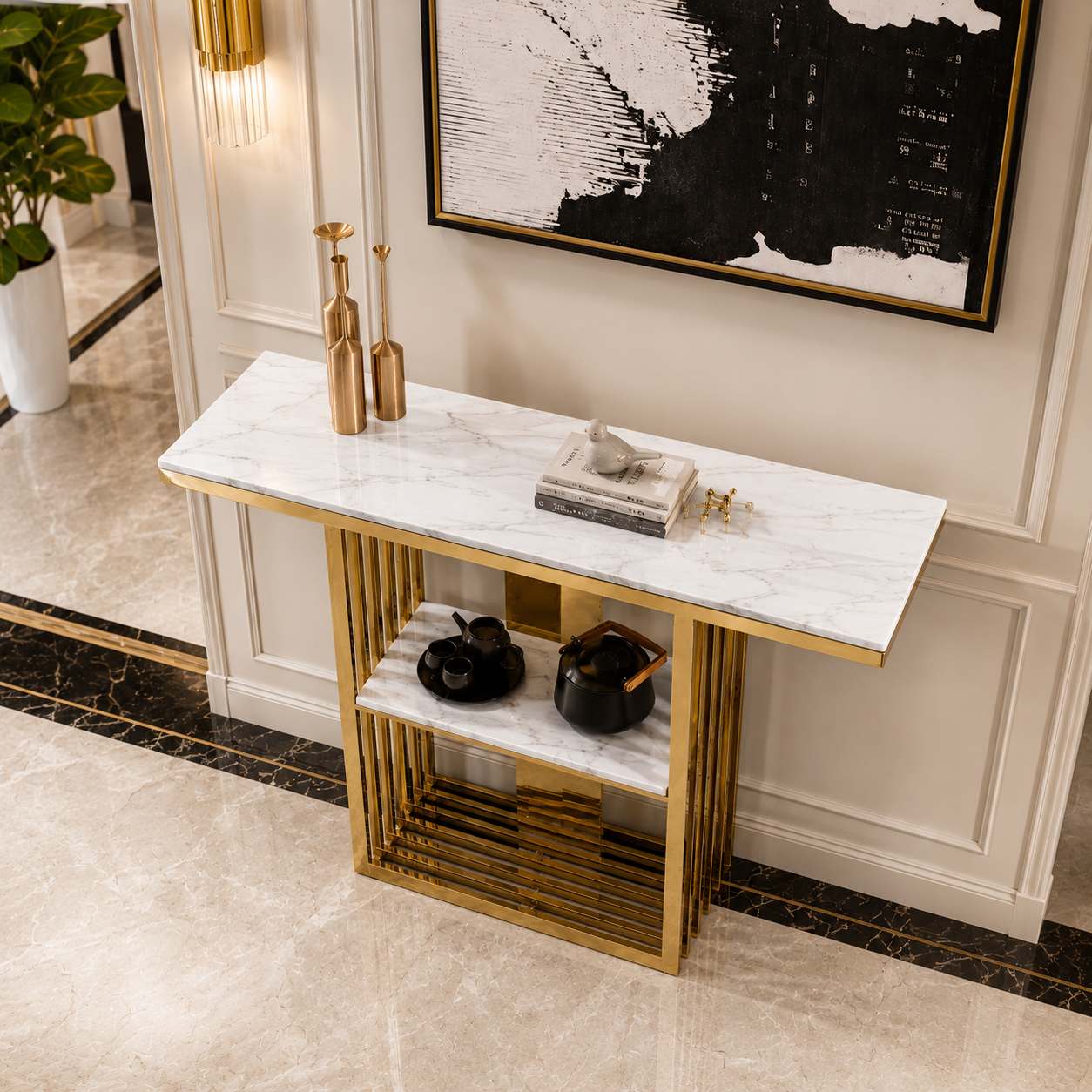 Elegant Vertical Bar Gold Metal Luxury Display Shelf Table