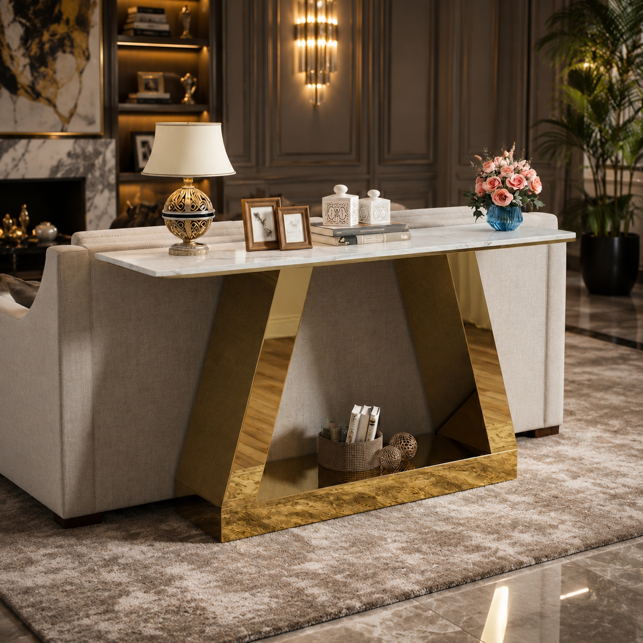 Modern Inverted Chevron Gold SS Luxury Sofa Console Table