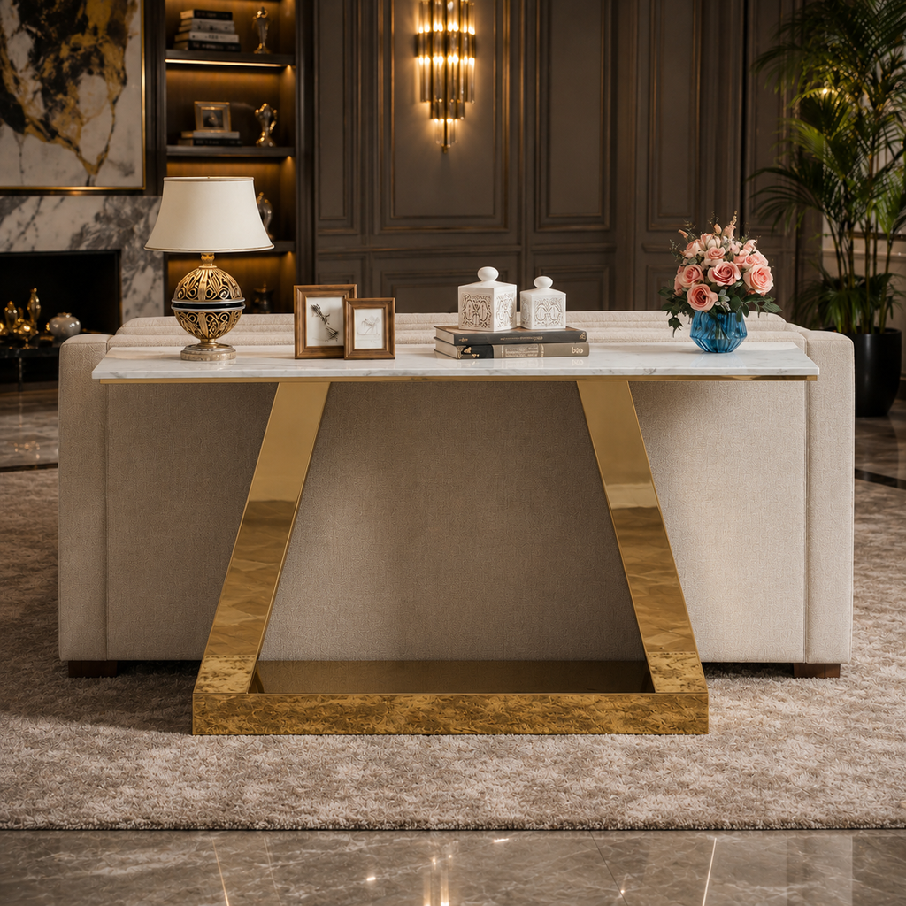 Modern Inverted Chevron Gold SS Luxury Sofa Console Table