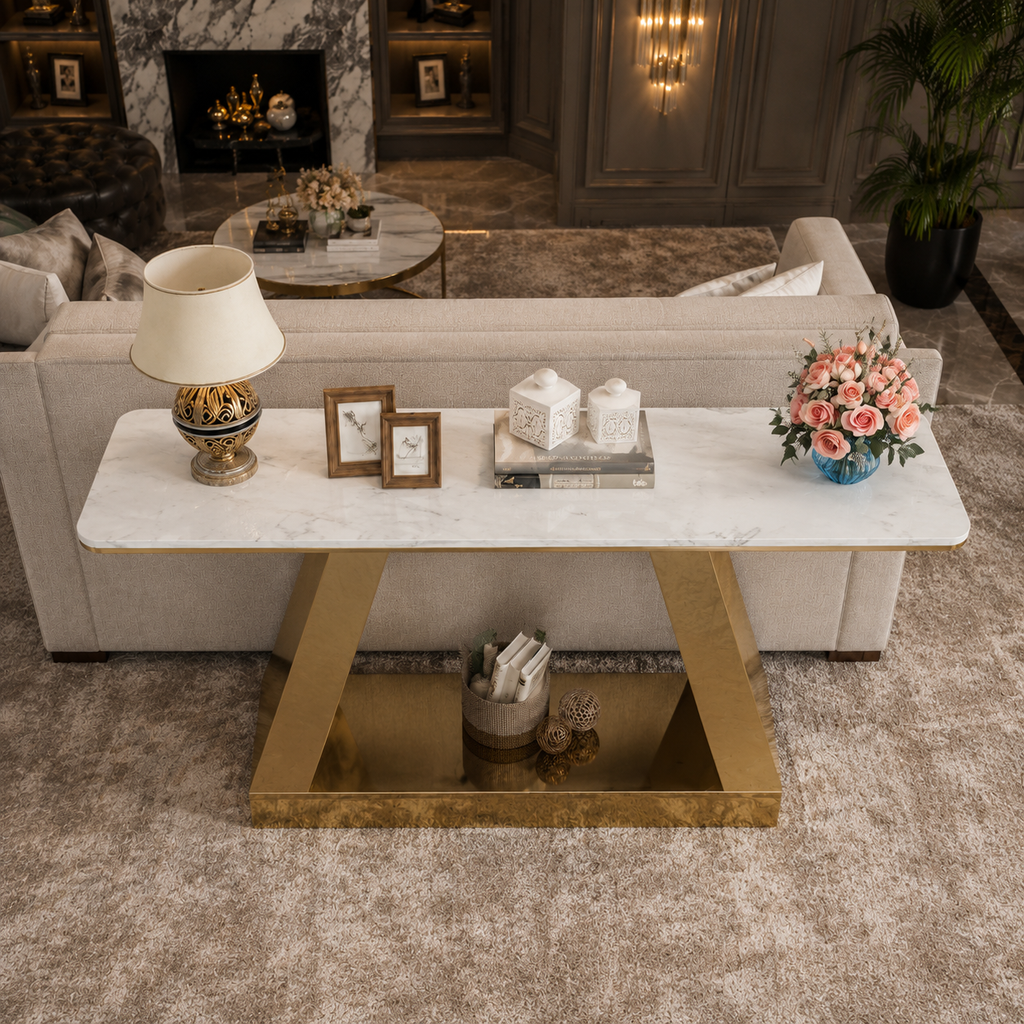 Modern Inverted Chevron Gold SS Luxury Sofa Console Table