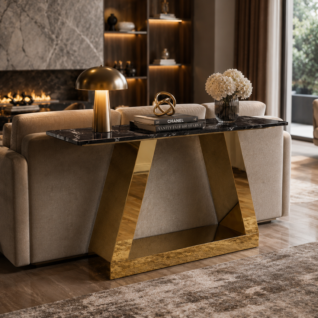 Modern Inverted Chevron Gold SS Luxury Sofa Console Table