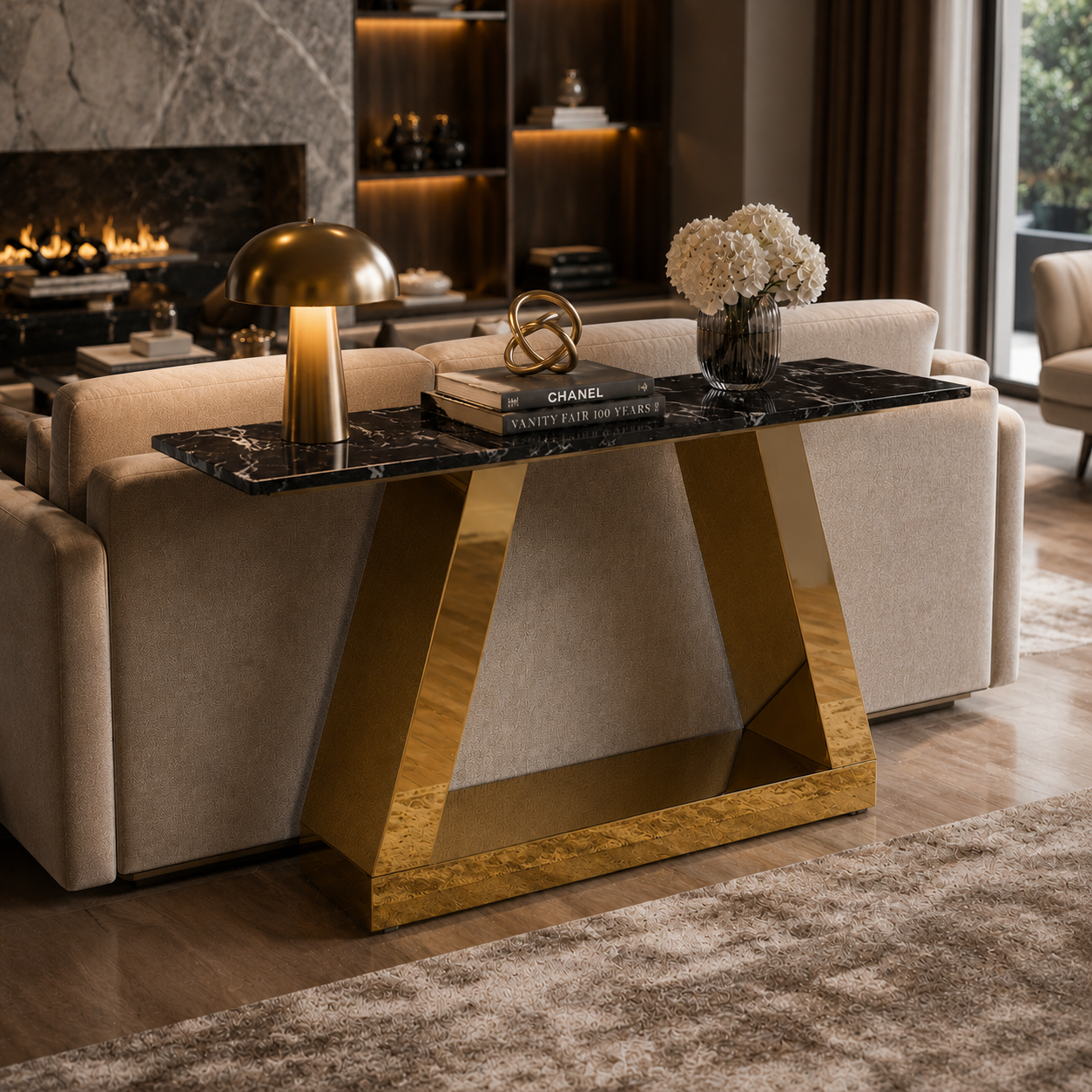 Modern Inverted Chevron Gold SS Luxury Sofa Console Table