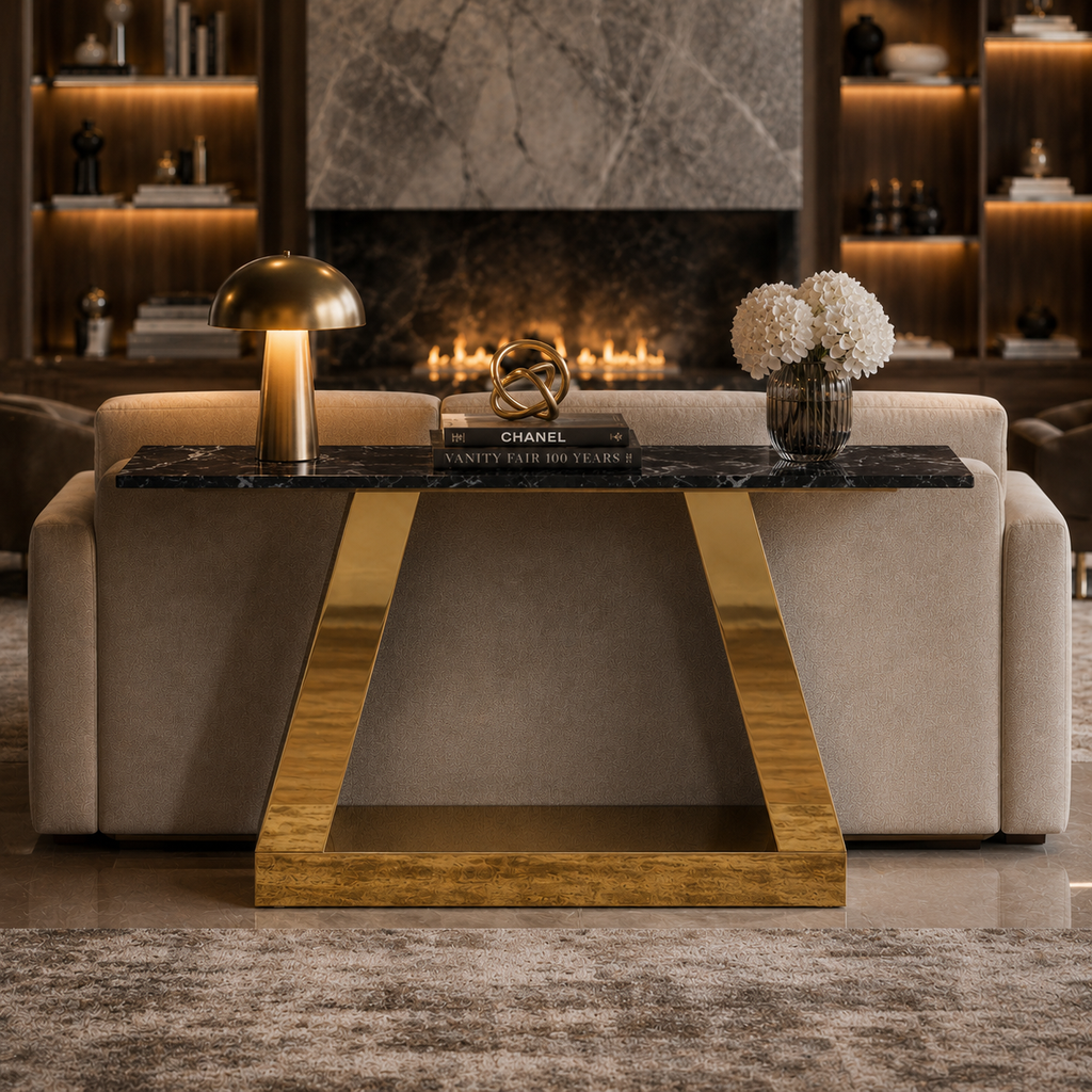 Modern Inverted Chevron Gold SS Luxury Sofa Console Table