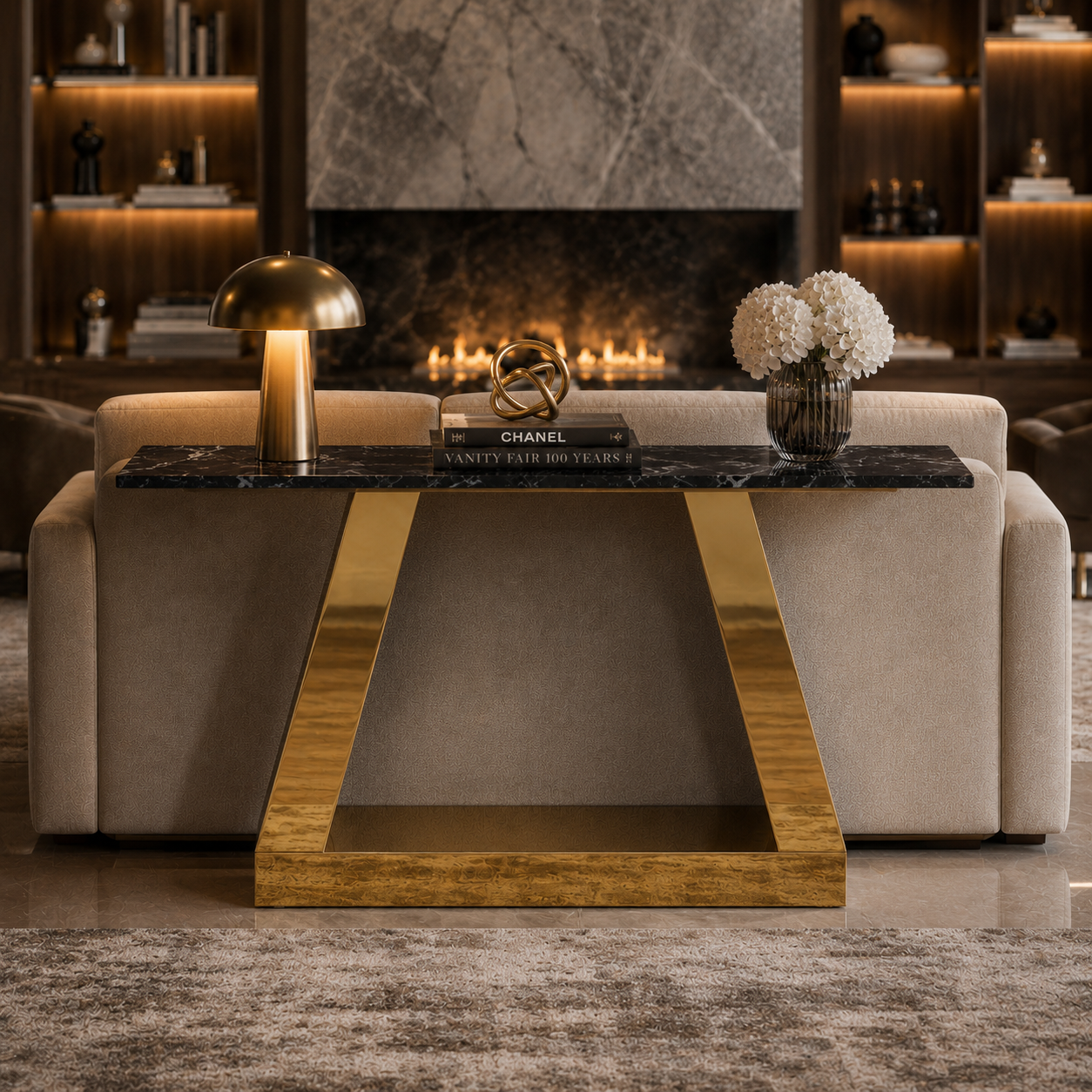 Modern Inverted Chevron Gold SS Luxury Sofa Console Table