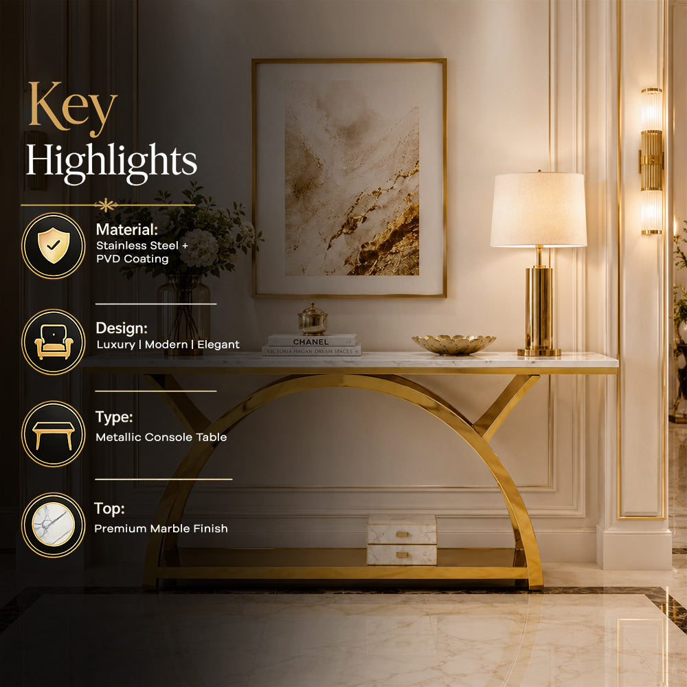 Premium Gold Stainless Steel Crescent Base Entryway Table