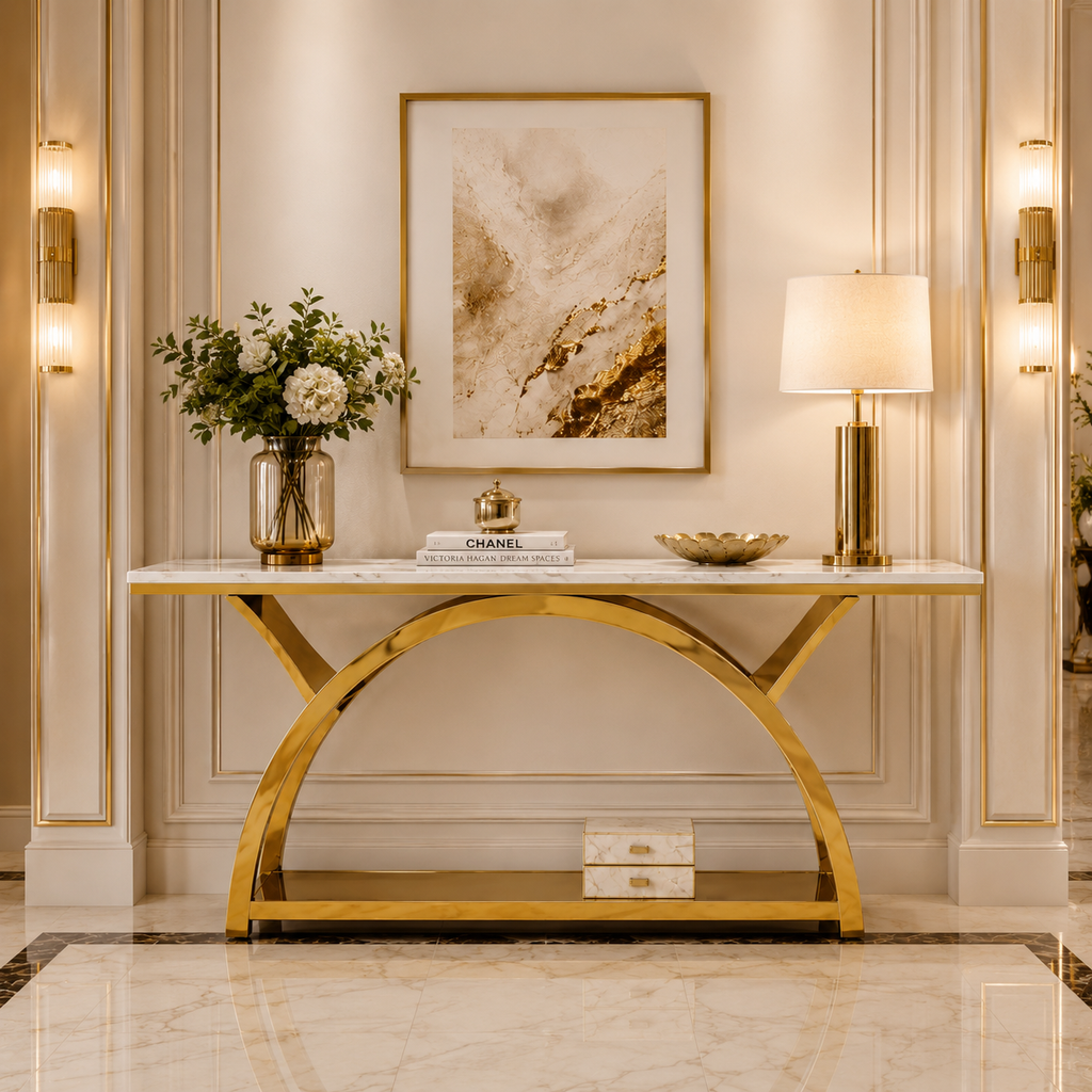 Premium Gold Stainless Steel Crescent Base Entryway Table