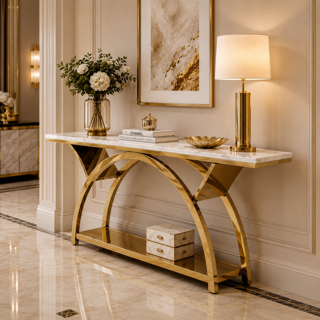 Premium Gold Stainless Steel Crescent Base Entryway Table