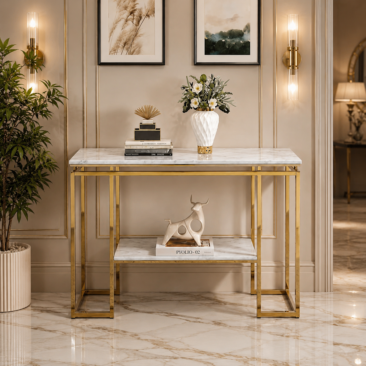 Modern Geometric Tiered Runway Gold SS Luxury Console Table