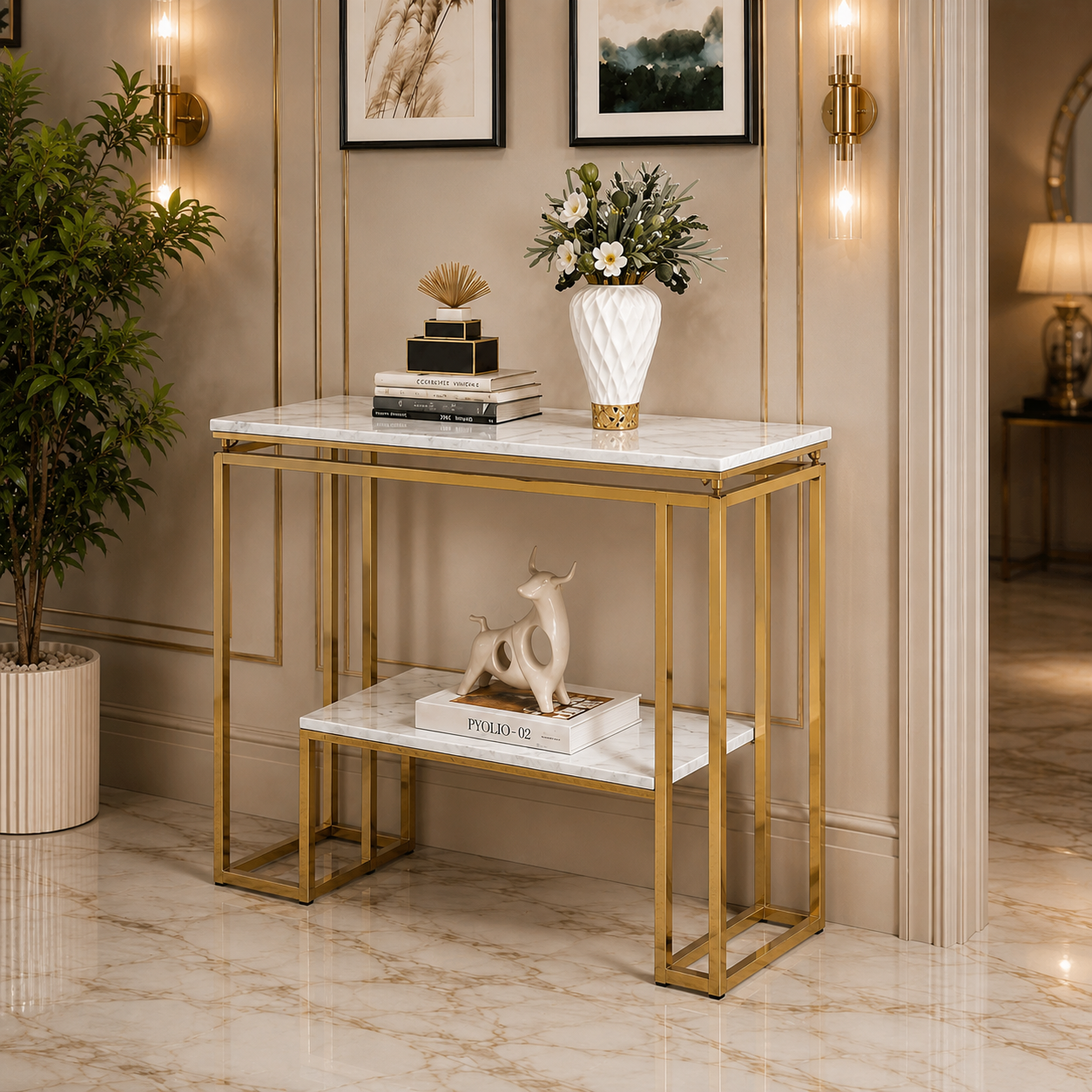 Modern Geometric Tiered Runway Gold SS Luxury Console Table