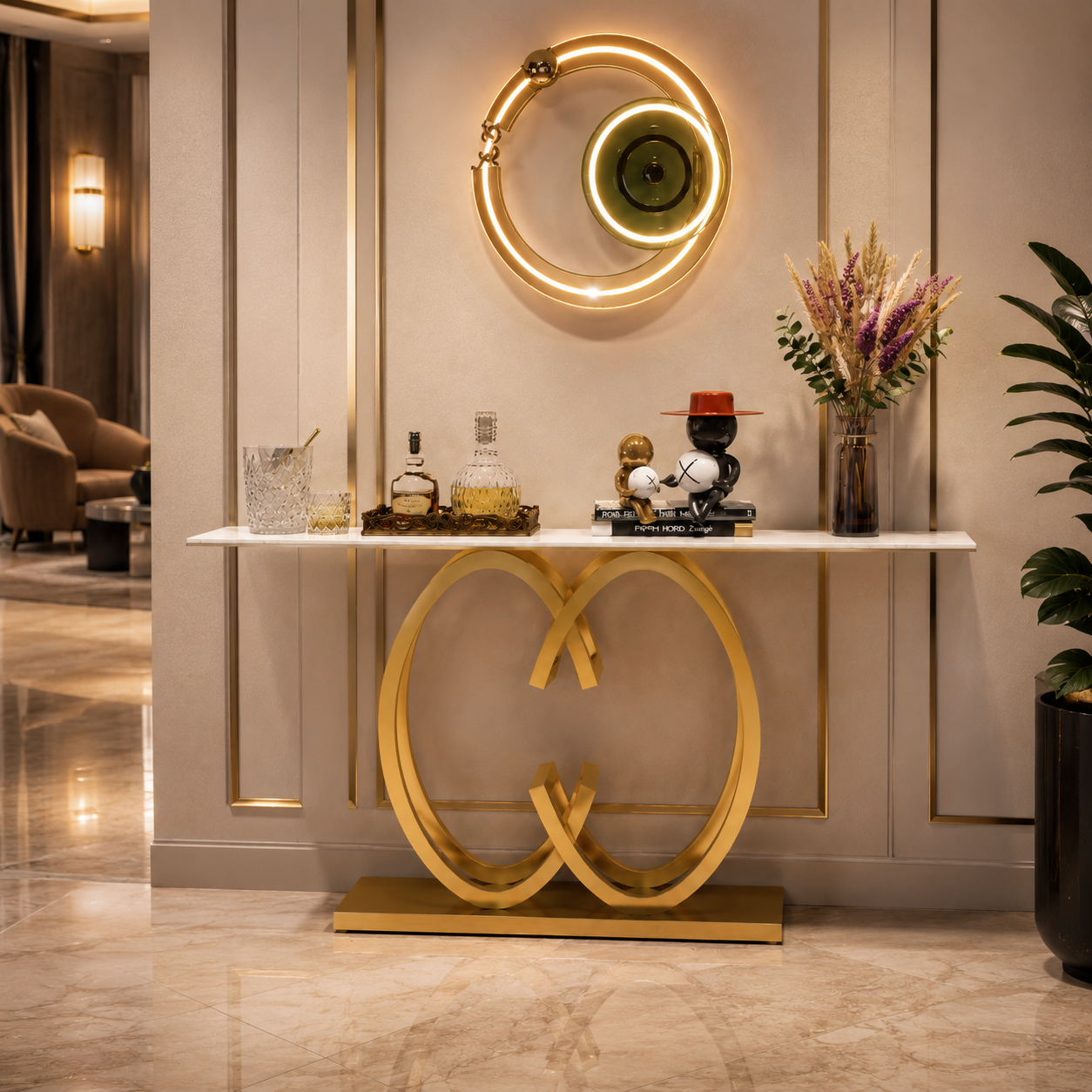 Elegant Butterfly Silhouette Gold Metal Statement Foyer Table