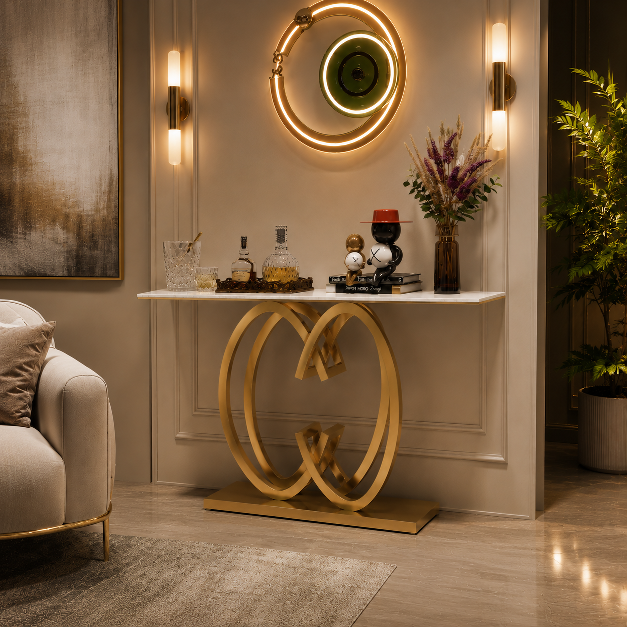 Elegant Butterfly Silhouette Gold Metal Statement Foyer Table