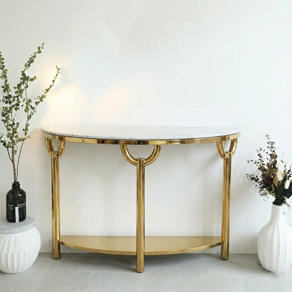 Elegant 3-Leg Loop Accent Gold Metal Statement Foyer Table