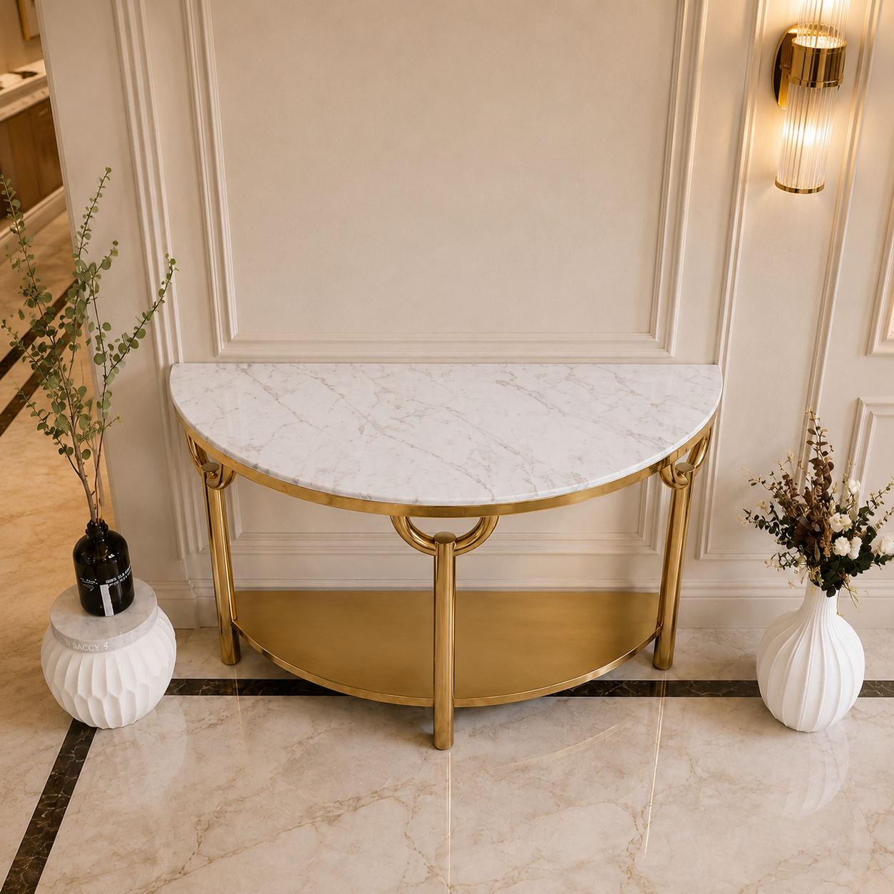 Elegant 3-Leg Loop Accent Gold Metal Statement Foyer Table