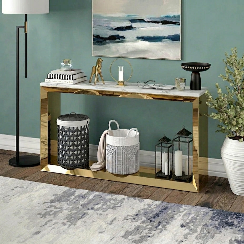 Modern Minimalist Hollow Block Gold SS Luxury Console Table