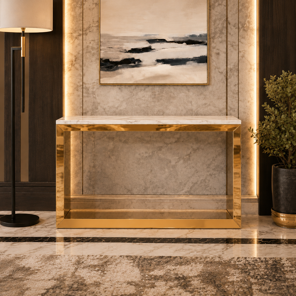 Modern Minimalist Hollow Block Gold SS Luxury Console Table