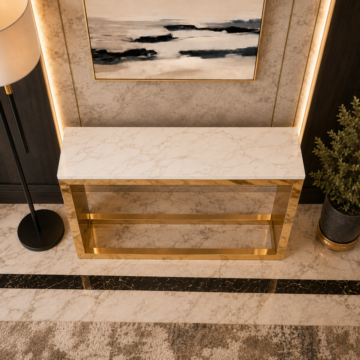 Modern Minimalist Hollow Block Gold SS Luxury Console Table