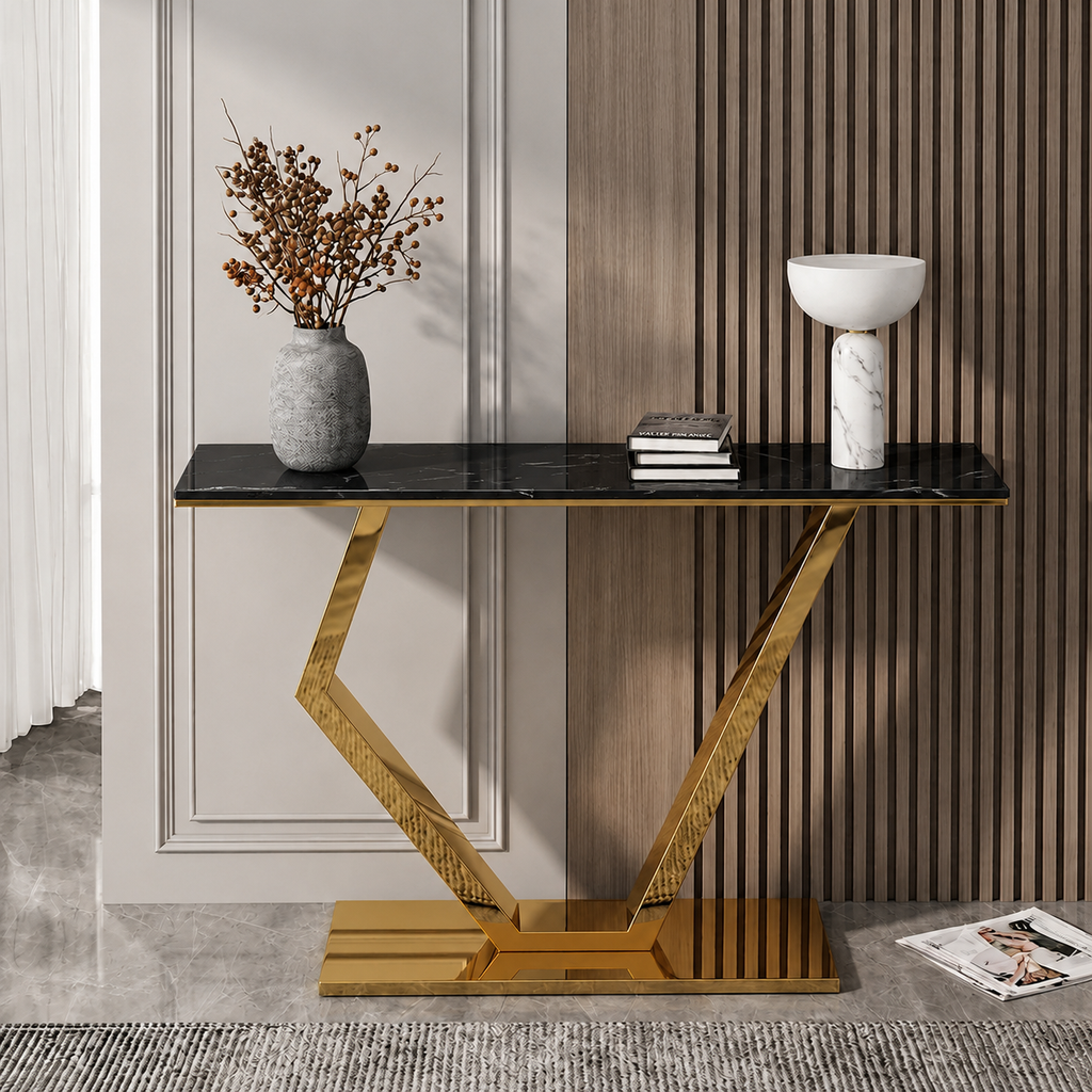 Premium Stainless Steel Console Table with Marble Top | Gold Luxury Hallway Table