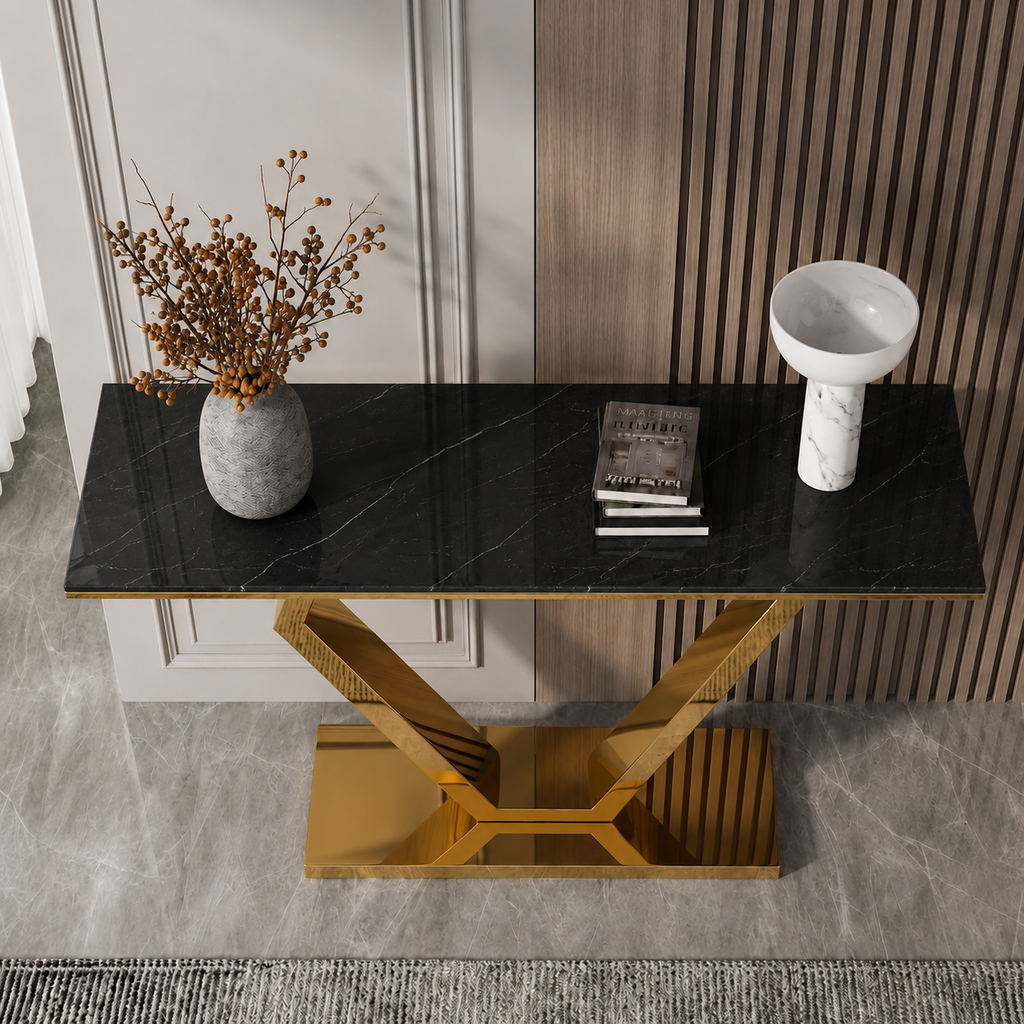 Premium Stainless Steel Console Table with Marble Top | Gold Luxury Hallway Table