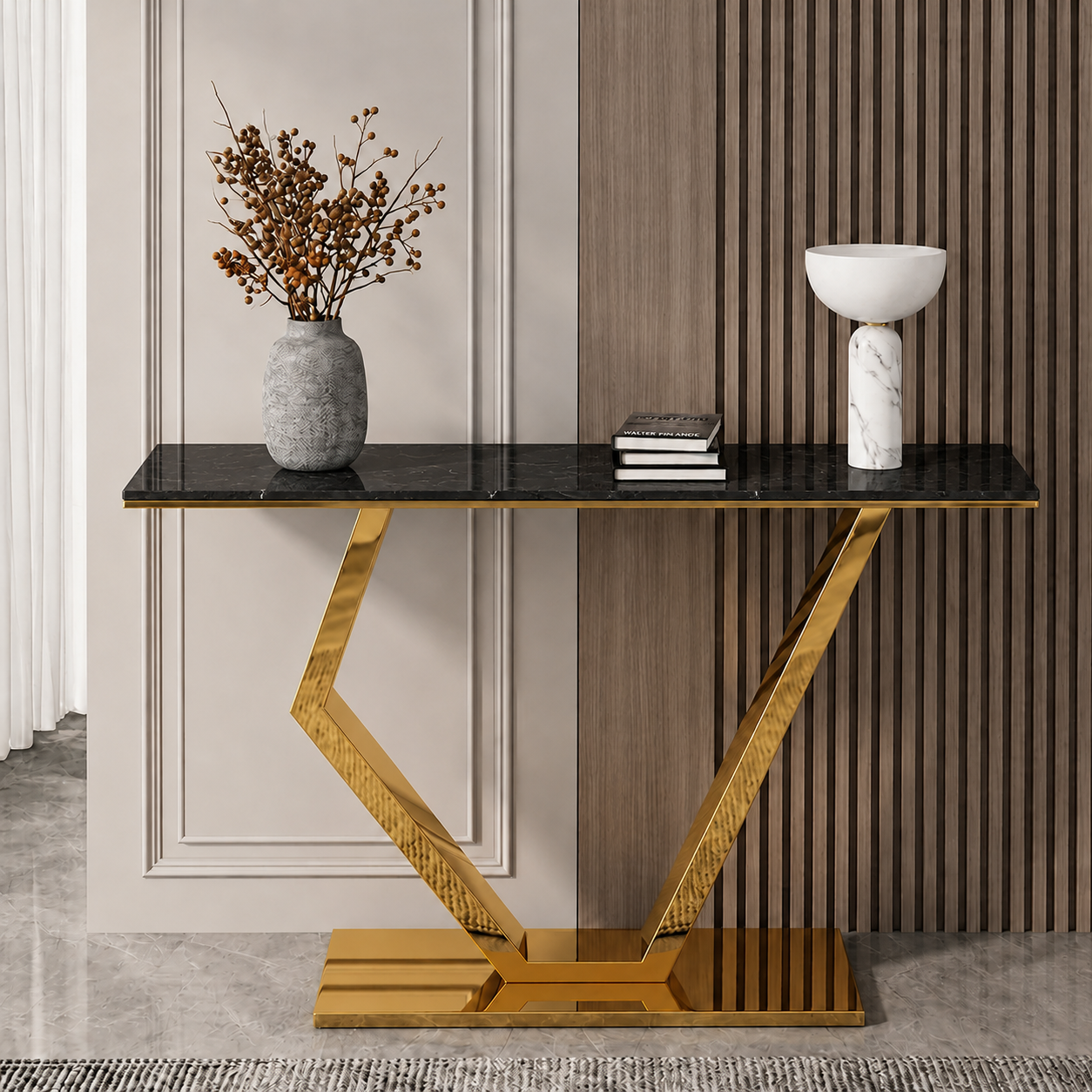 Premium Stainless Steel Console Table with Marble Top | Gold Luxury Hallway Table