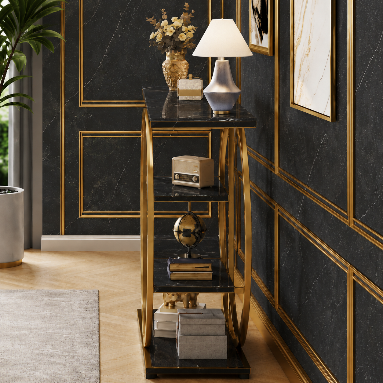 Luxury Modern Console Table | Gold Stainless Steel Frame with Marble Display Shelves