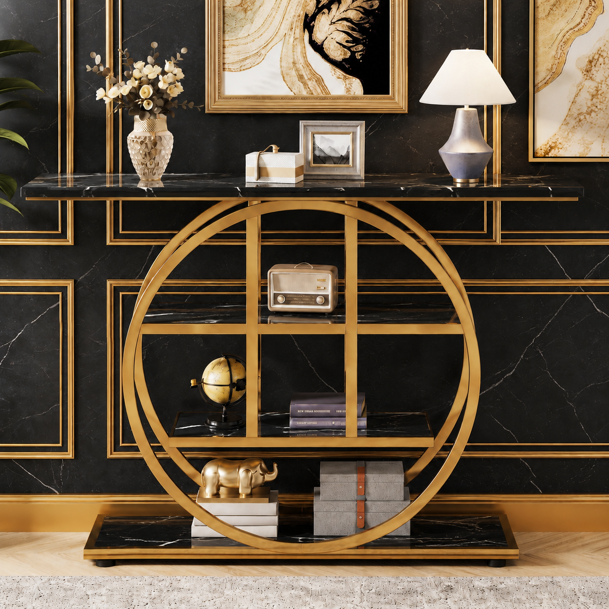 Luxury Modern Console Table | Gold Stainless Steel Frame with Marble Display Shelves