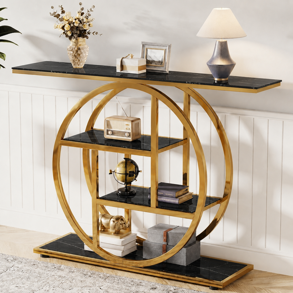 Luxury Modern Console Table | Gold Stainless Steel Frame with Marble Display Shelves