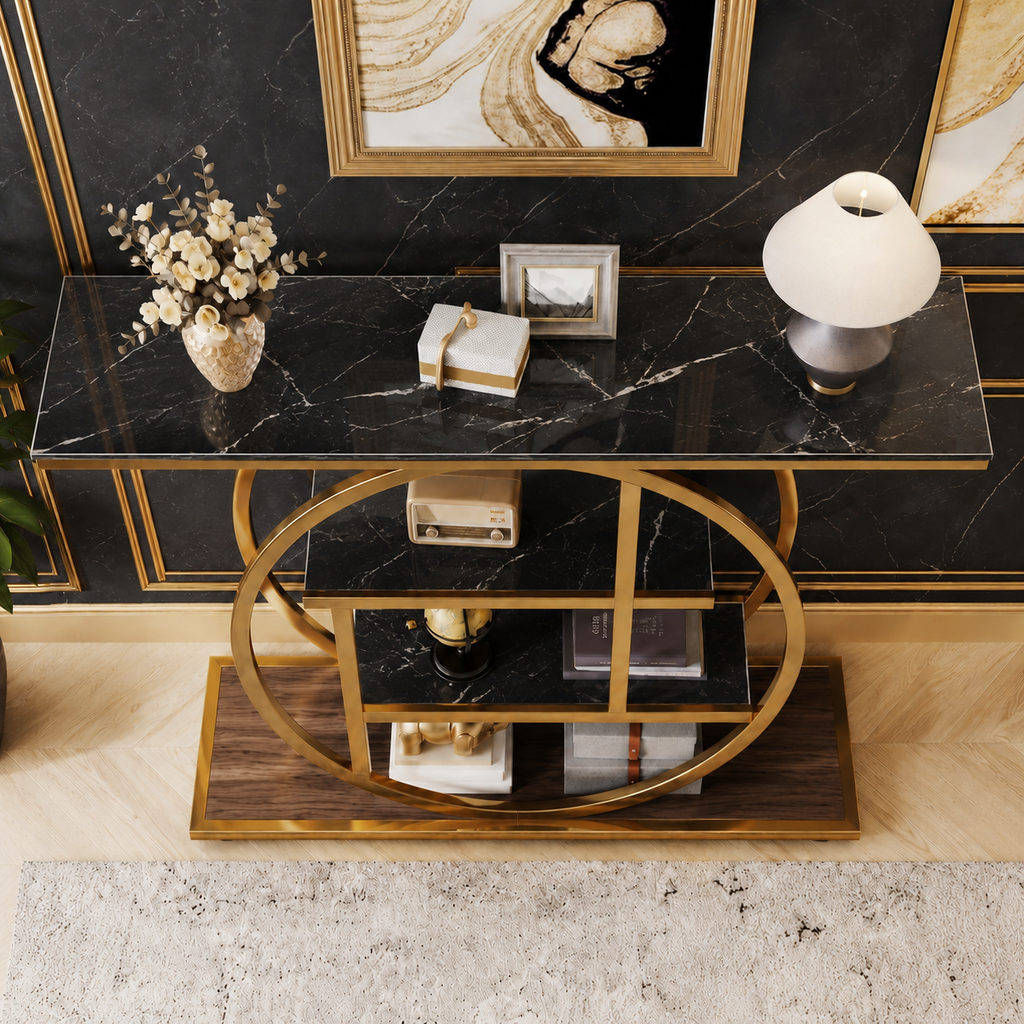 Luxury Modern Console Table | Gold Stainless Steel Frame with Marble Display Shelves
