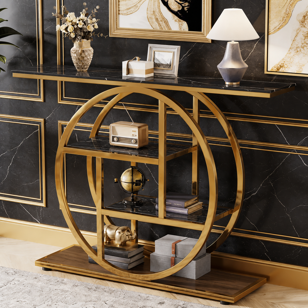 Luxury Modern Console Table | Gold Stainless Steel Frame with Marble Display Shelves