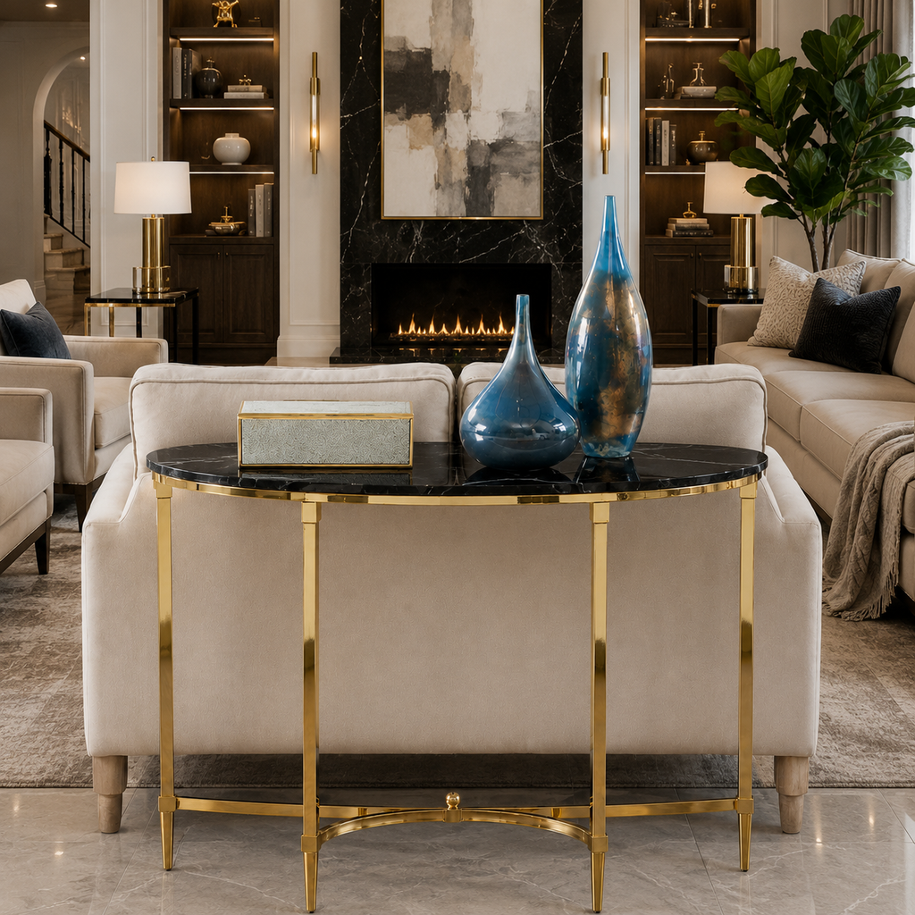 Luxury Modern Console Table | SS Metal Frame with Marble Top for Living Room