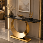Luxury Gold SS Metal Console Table with White Marble Top | Crescent Base Entryway Table