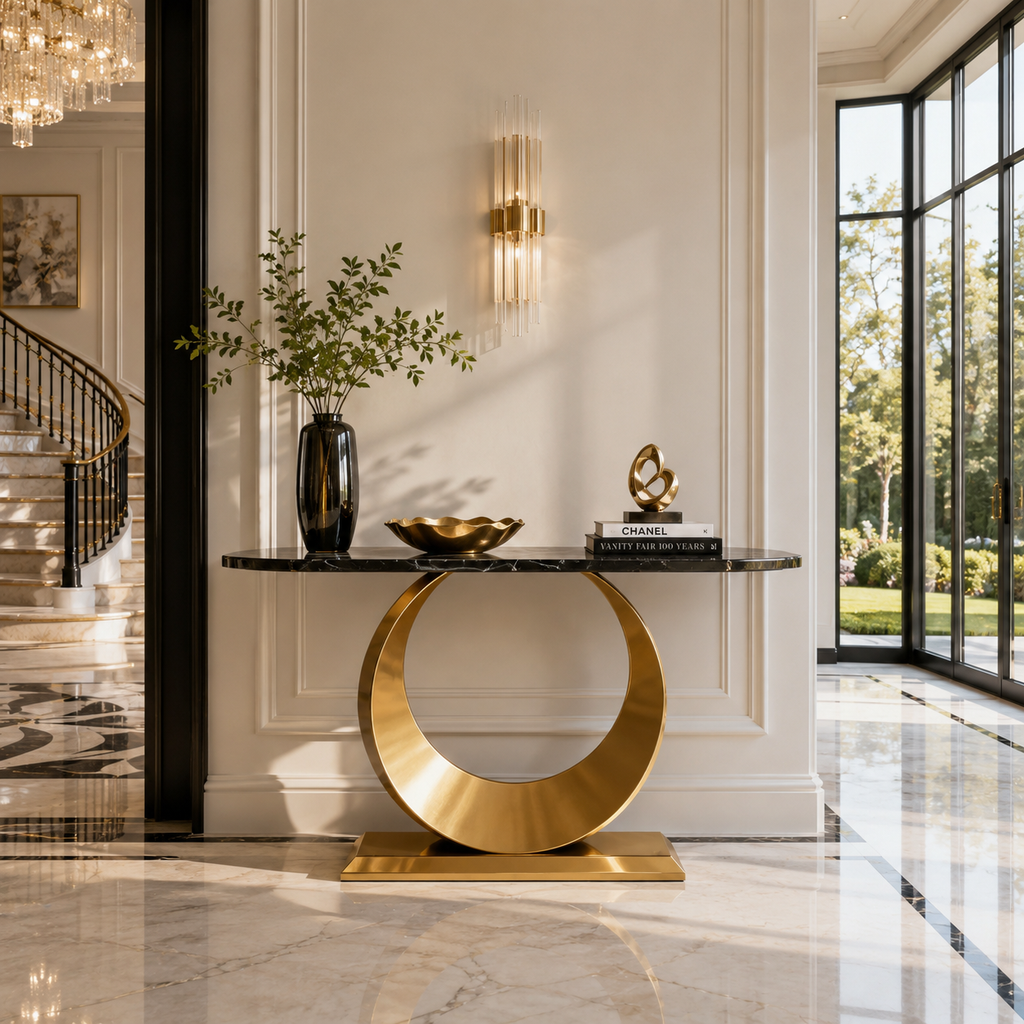 Luxury Gold SS Metal Console Table with White Marble Top | Crescent Base Entryway Table