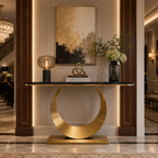 Luxury Gold SS Metal Console Table with White Marble Top | Crescent Base Entryway Table