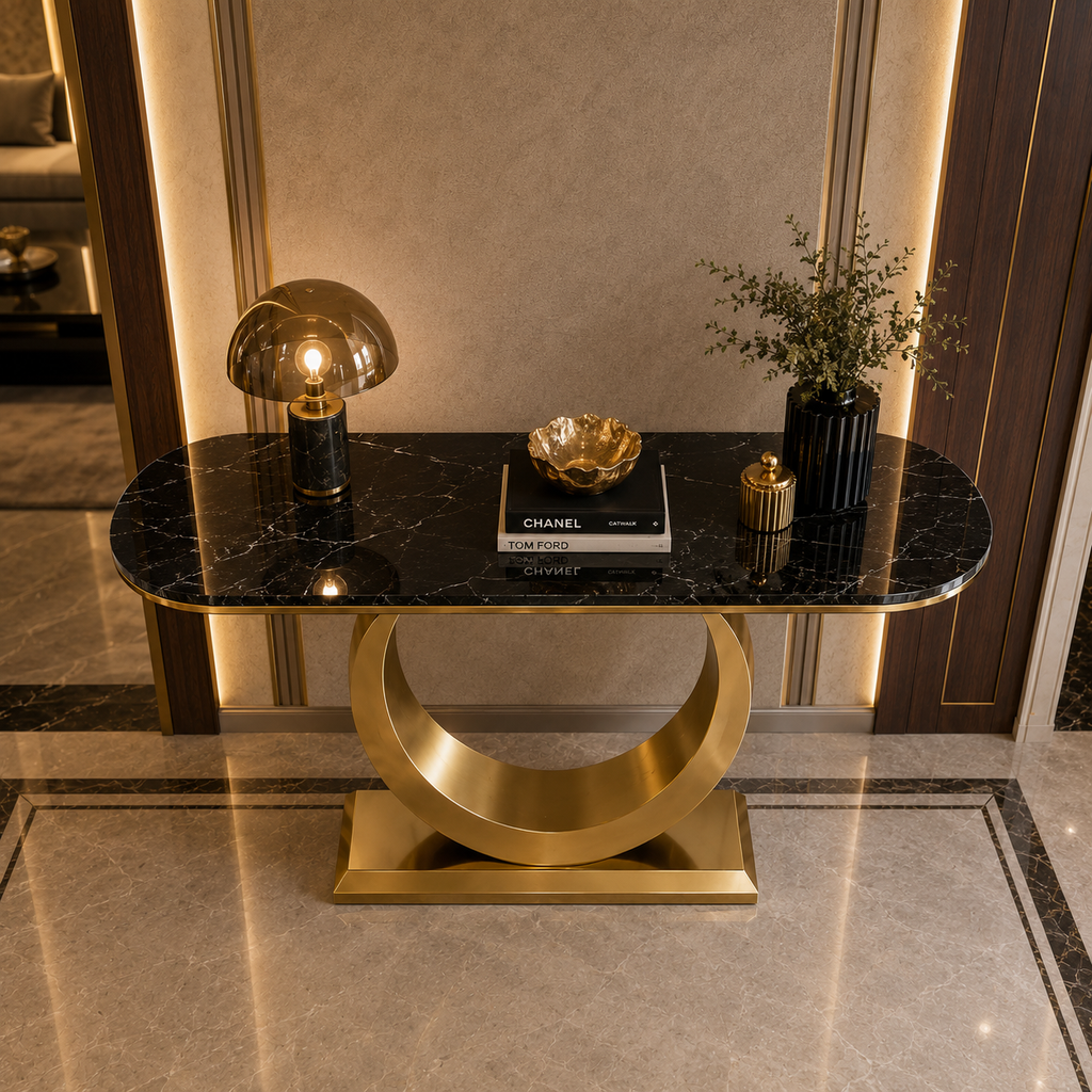 Luxury Gold SS Metal Console Table with White Marble Top | Crescent Base Entryway Table