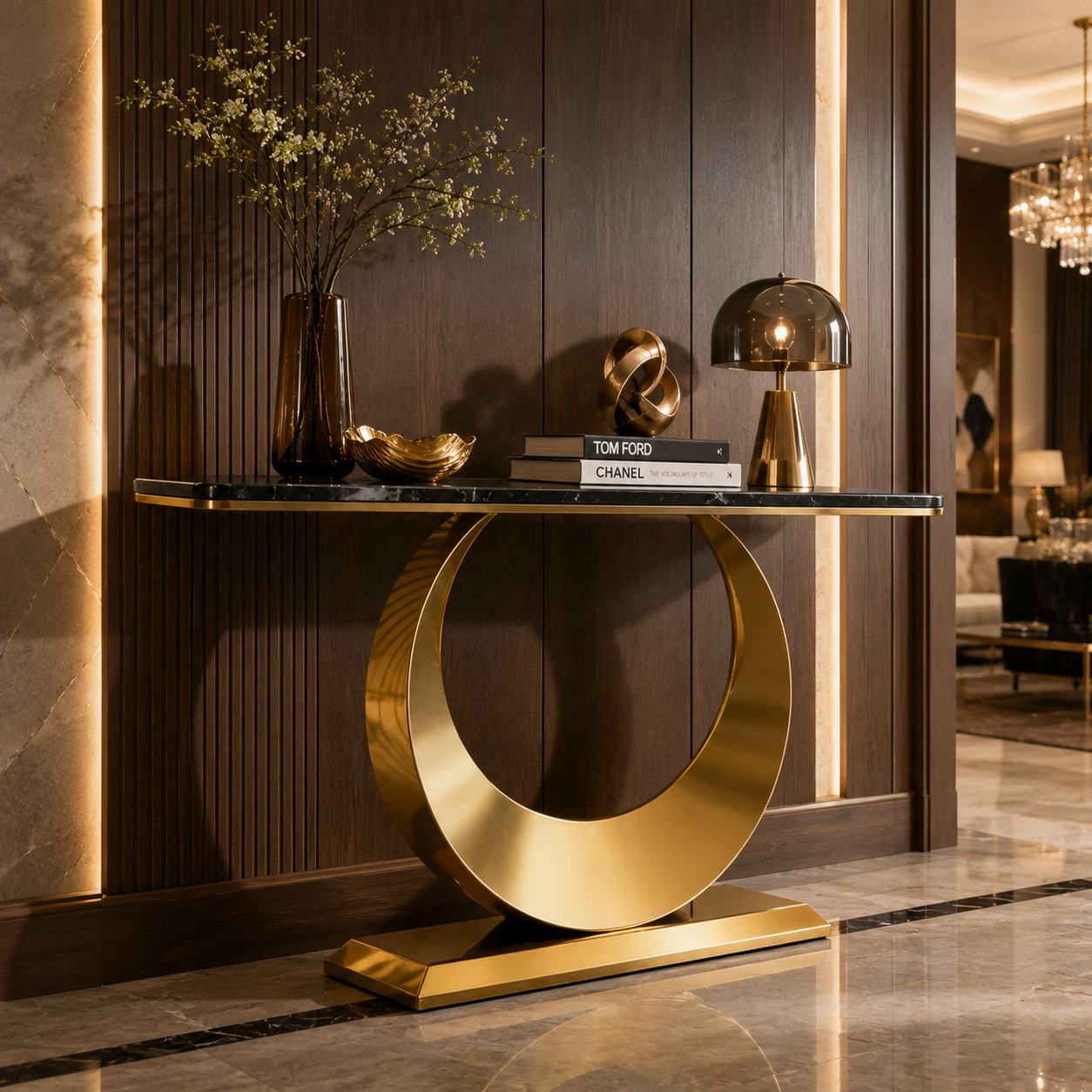 Luxury Gold SS Metal Console Table with White Marble Top | Crescent Base Entryway Table