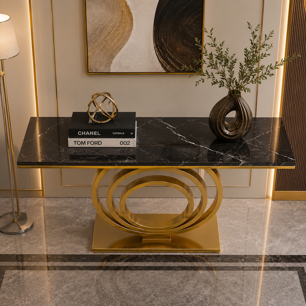 Designer Stainless Steel Console Table | White Marble Top with Gold Shelf Base