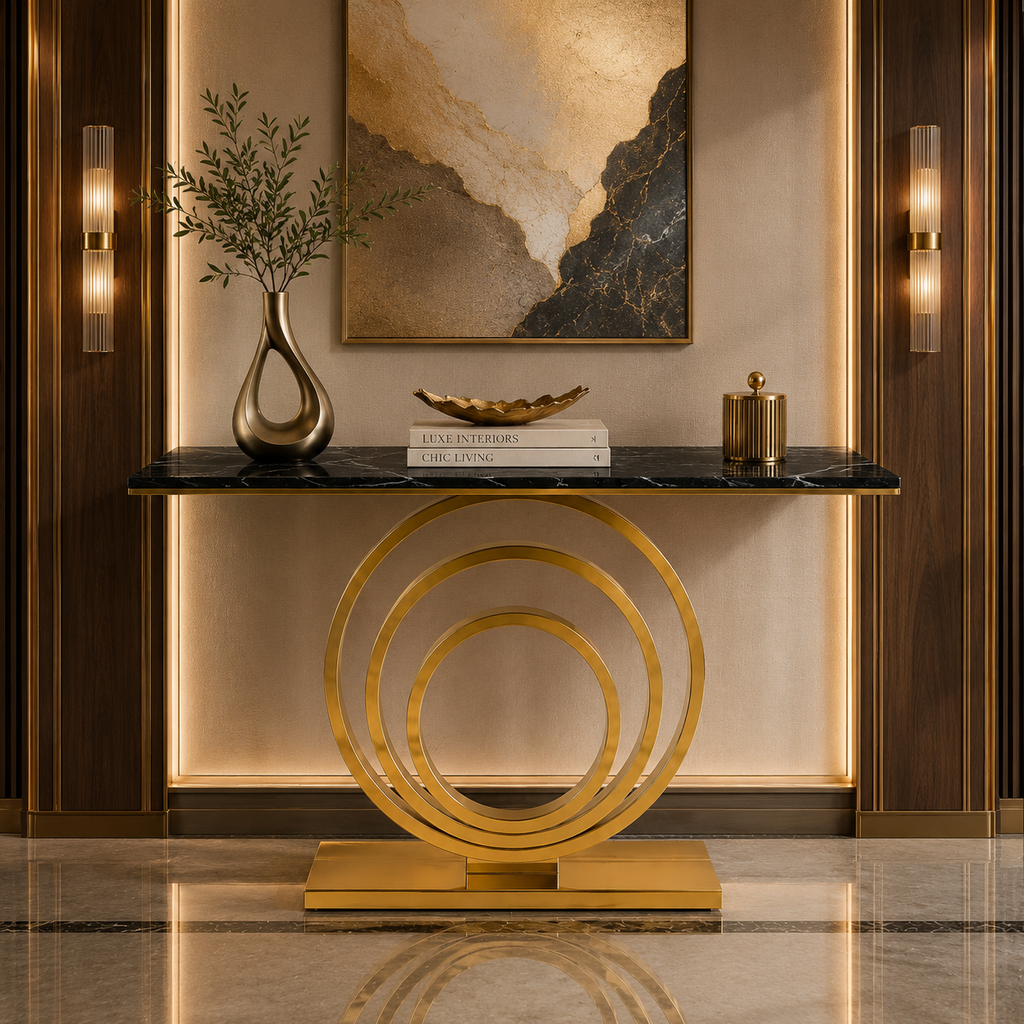 Designer Stainless Steel Console Table | White Marble Top with Gold Shelf Base