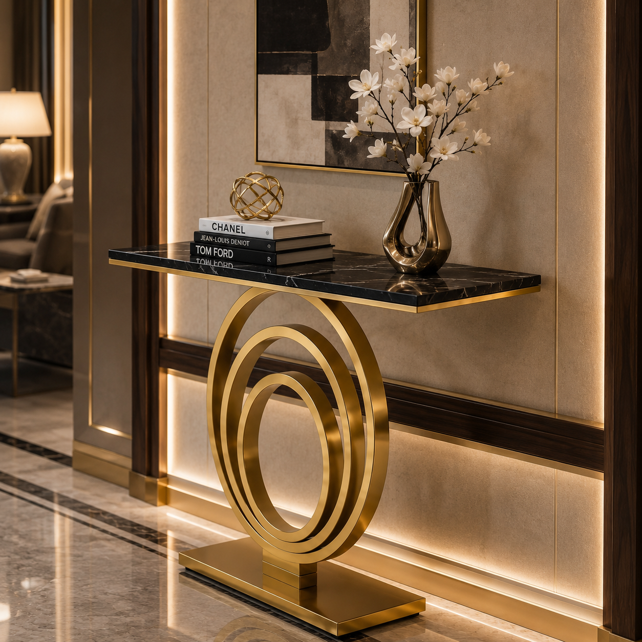 Designer Stainless Steel Console Table | White Marble Top with Gold Shelf Base