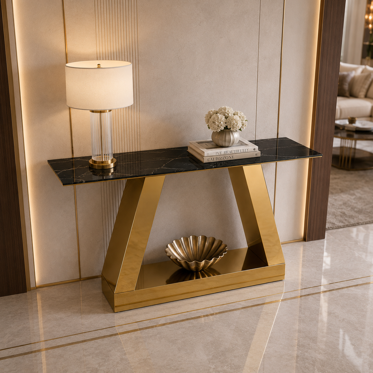 Contemporary Gold Stainless Steel Console Table with White Marble Top