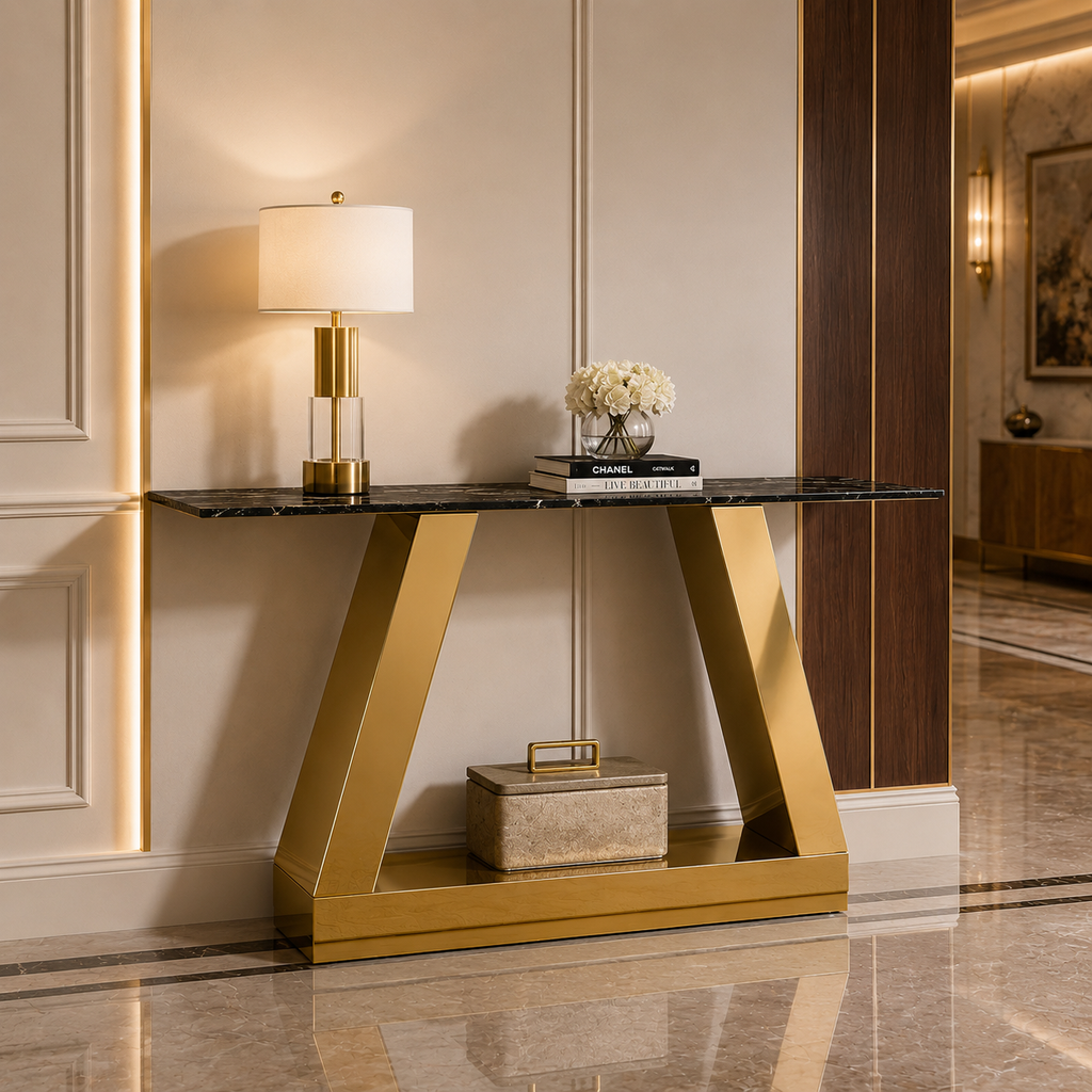 Contemporary Gold Stainless Steel Console Table with White Marble Top