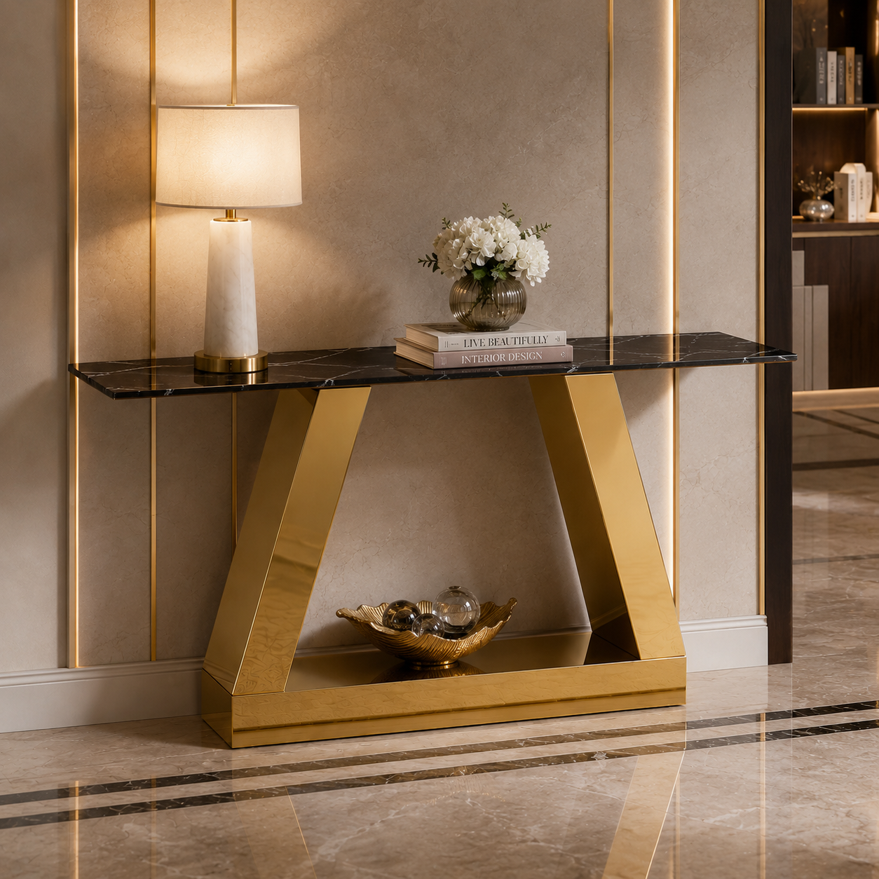 Contemporary Gold Stainless Steel Console Table with White Marble Top