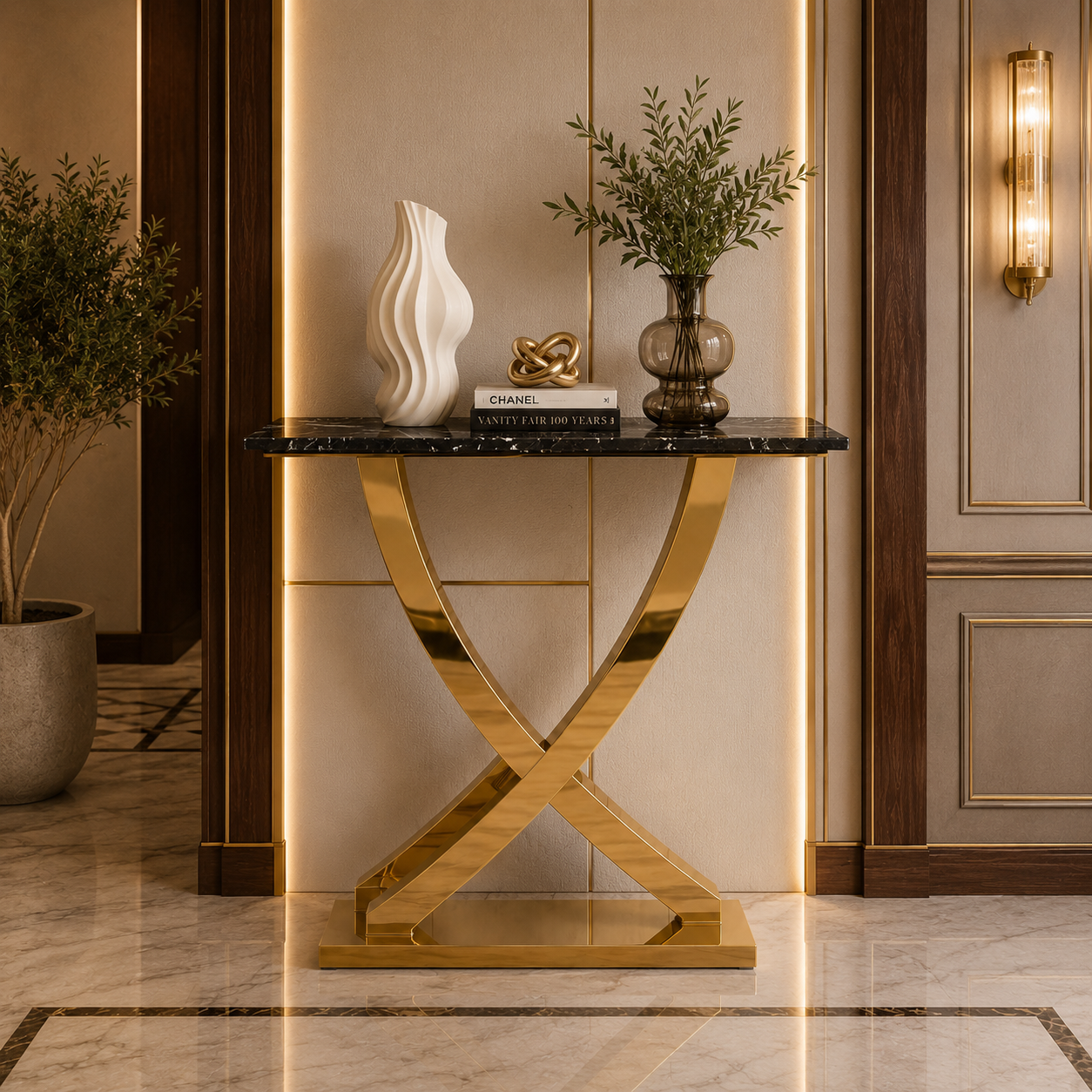 Luxury X-Frame Gold SS Console Table with White Marble Top