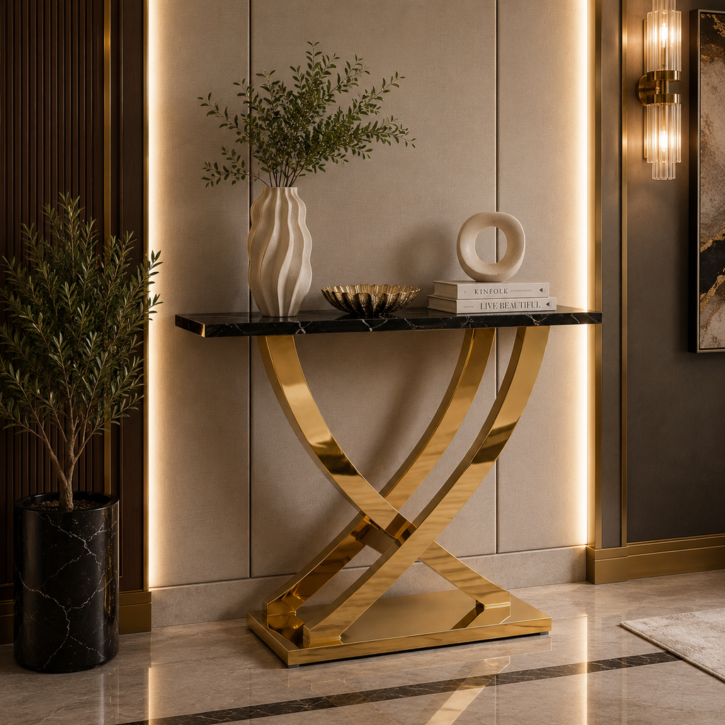 Luxury X-Frame Gold SS Console Table with White Marble Top