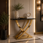 Luxury X-Frame Gold SS Console Table with White Marble Top