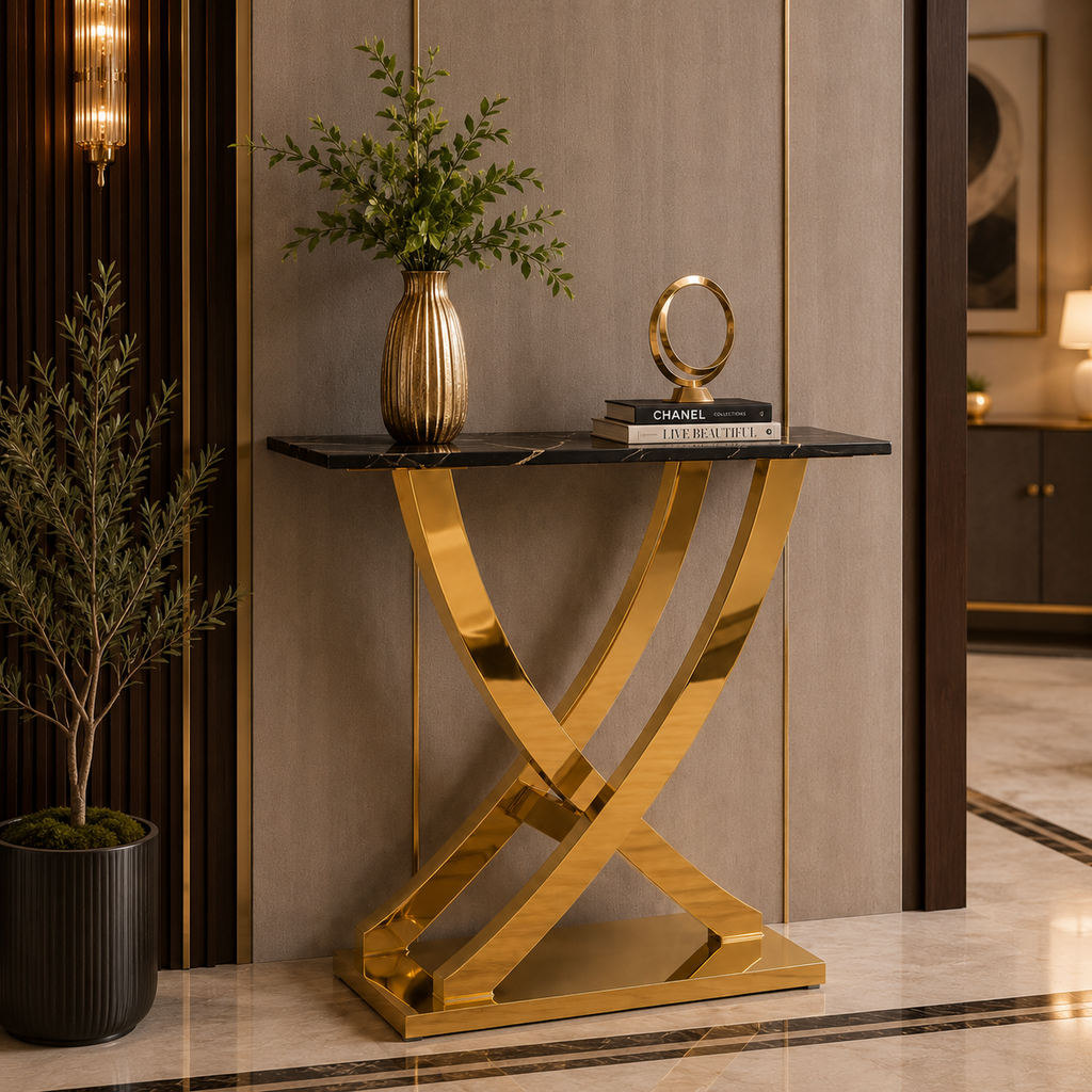 Luxury X-Frame Gold SS Console Table with White Marble Top