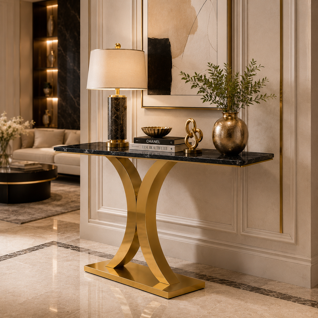 Luxury Crescent Base Gold SS Console Table with Marble Top
